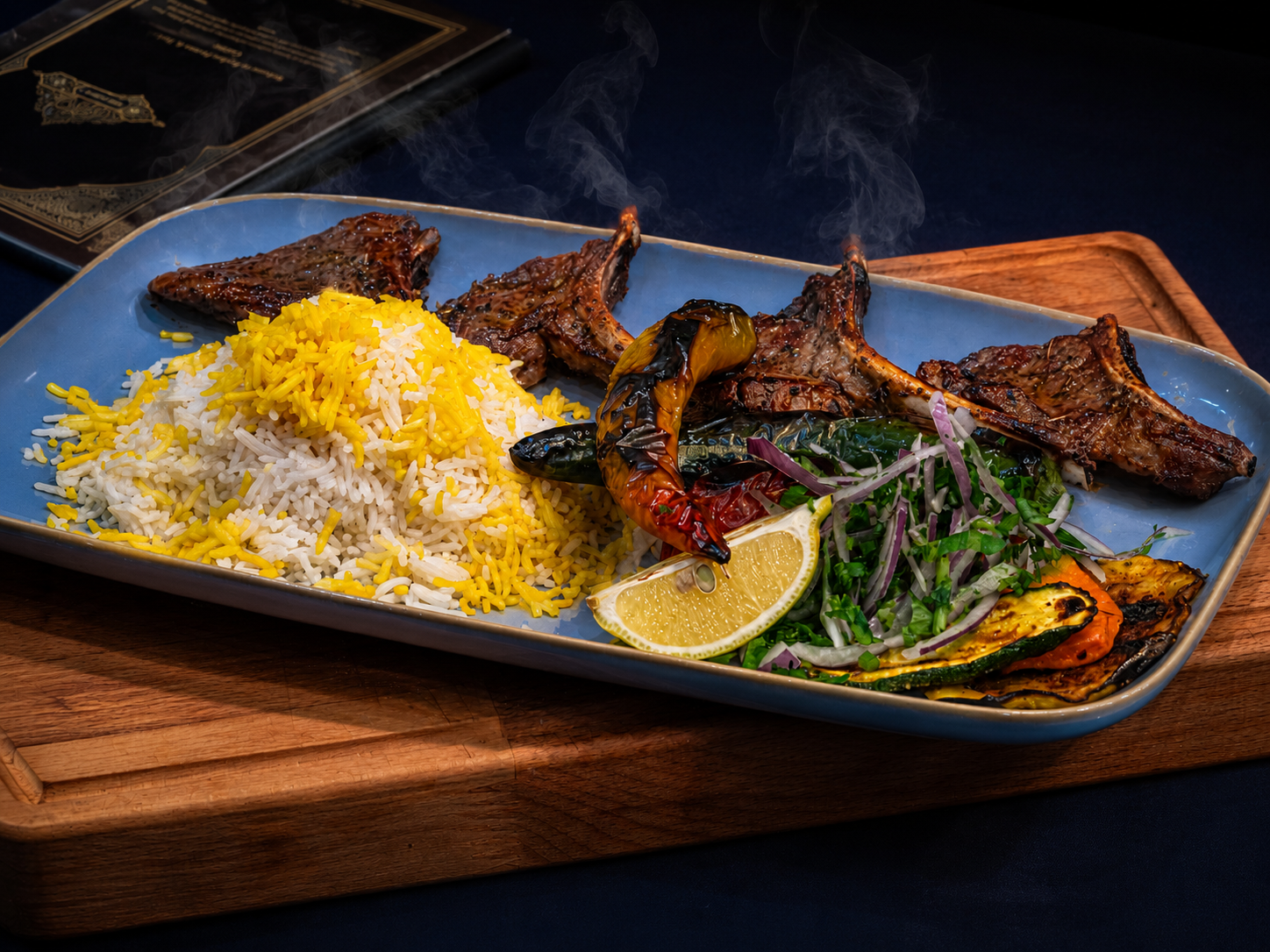 Flame-grilled Shandiz lamb chops with saffron rice and grilled vegetables at Reyhan