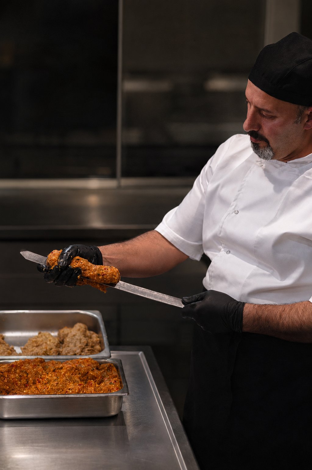 Chef pressing koobideh onto skewers by hand in the Reyhan kitchen